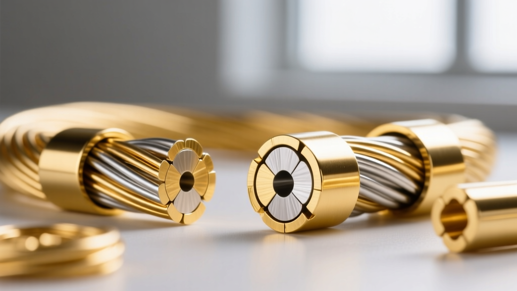 Diagram of gold vermeil and gold-filled wire, showing silver and brass cores with thick outer karat gold bonded layers.