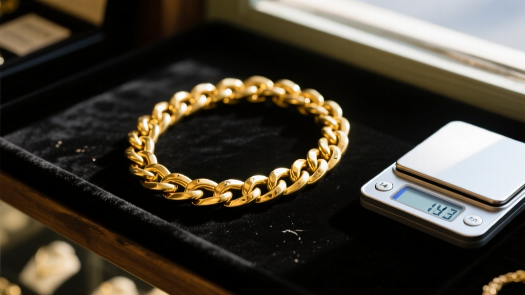 Close-up of a worn 14k yellow gold Cuban link chain resting on a black velvet pawn shop counter next to a digital scale