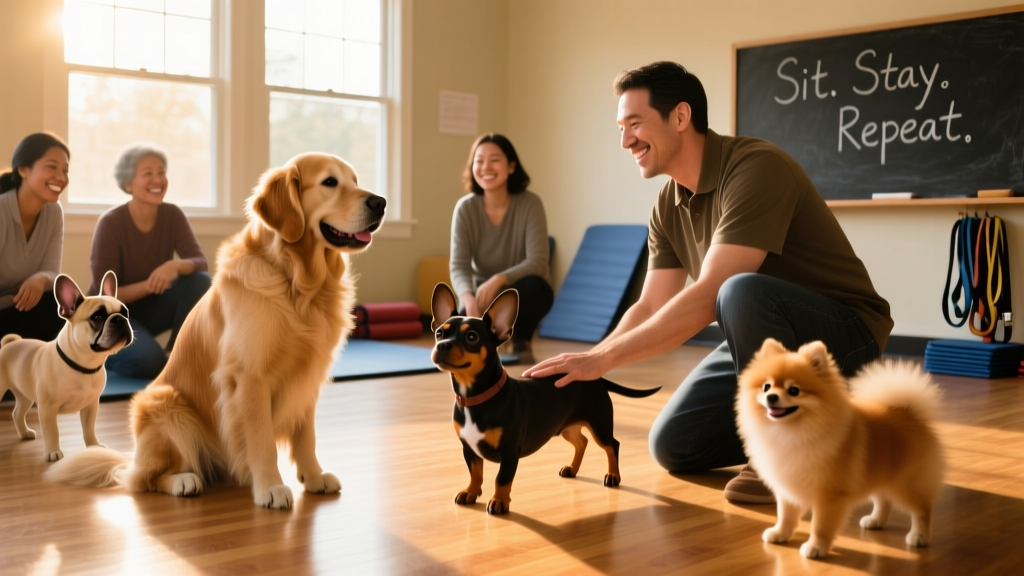 A diverse group of puppies and their owners practicing 'sit' and 'stay' in a sunlit indoor training class