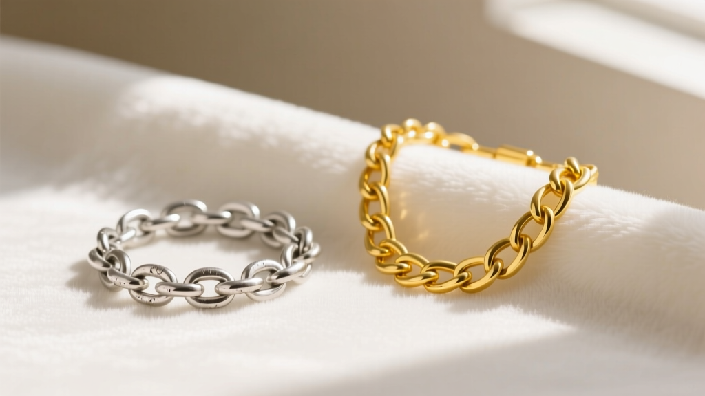 A dull sterling silver child chain next to a bright 14k yellow gold adjustable rolo chain resting on soft white velvet fabric