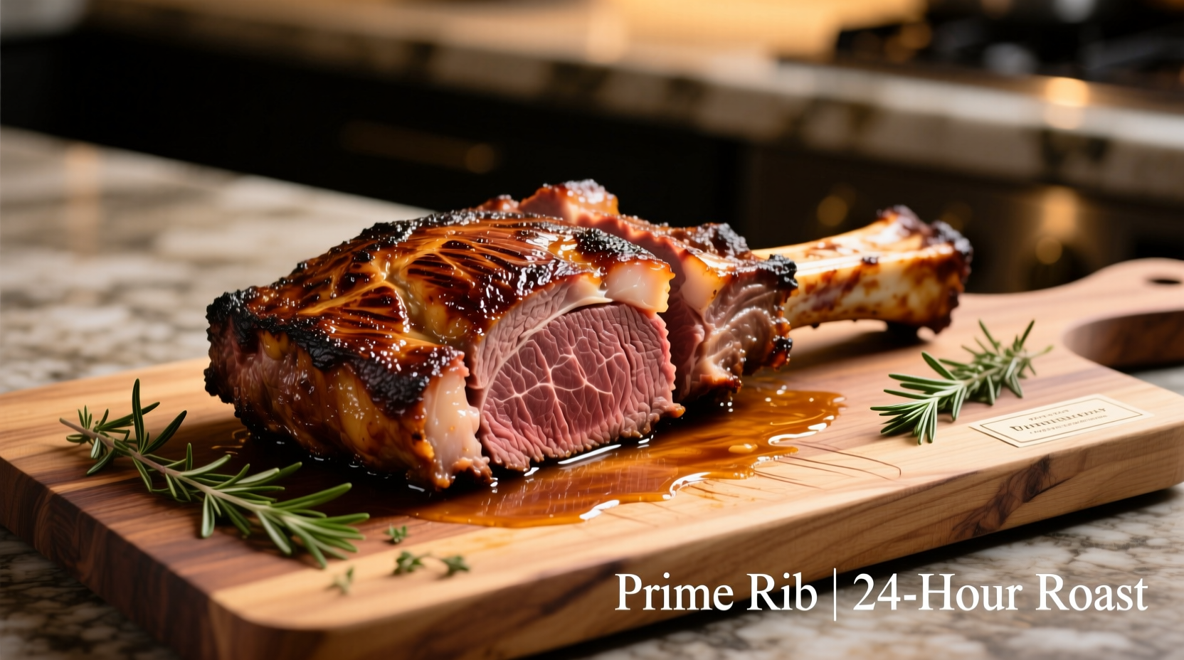 Perfectly roasted bone-in prime rib on carving board