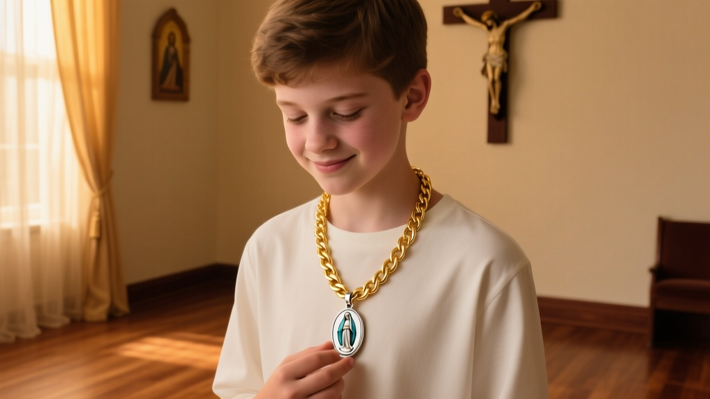 Teenager receiving a 16-inch 14k gold Figaro chain with a small Virgin Mary pendant as a confirmation gift, warm indoor lighting