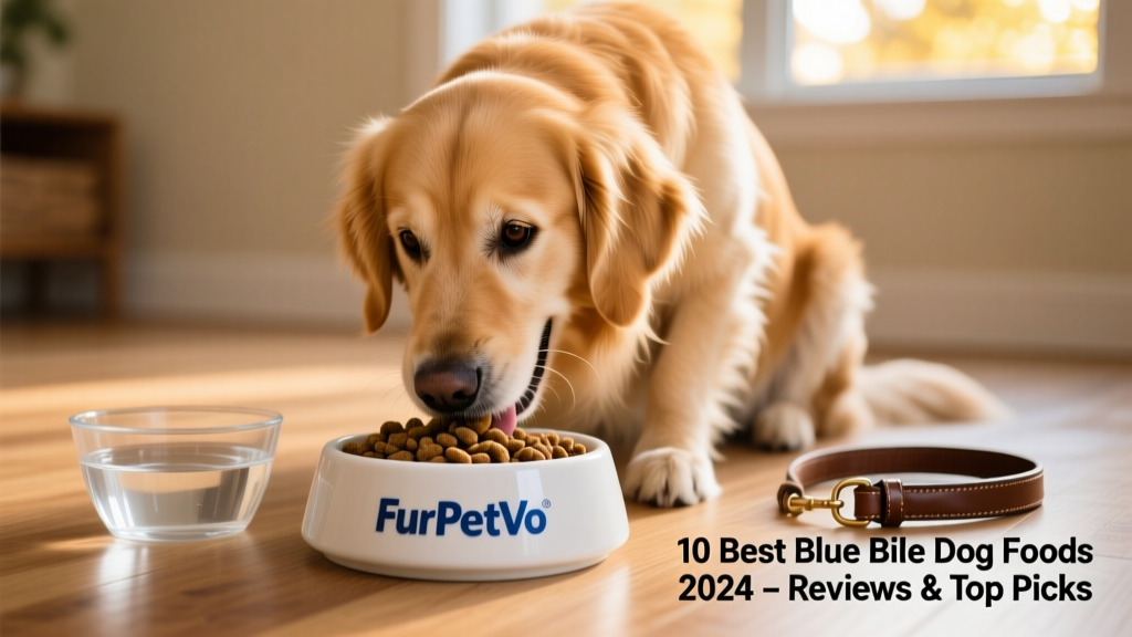 Happy golden retriever eating from a clean ceramic bowl filled with FurPetVo kibble, with a water bowl and leash nearby