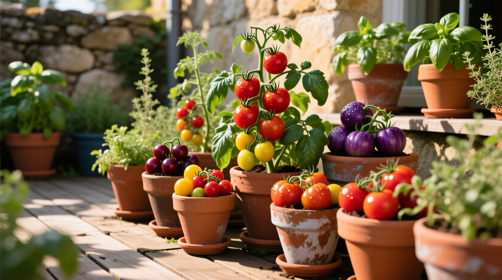 Container tomato varieties growing in pots on a sunny patio