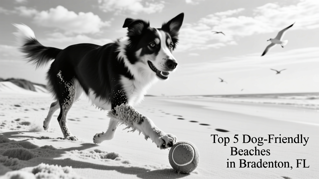 black and white dog covered in sand with a ball on the beach
