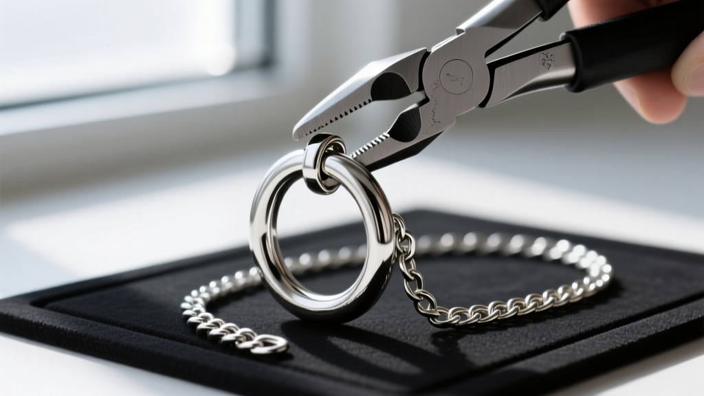 Steel jump rings connecting an aluminum pendant to a curb chain, held by flat-nose pliers on a dark rubber jewelry work mat.