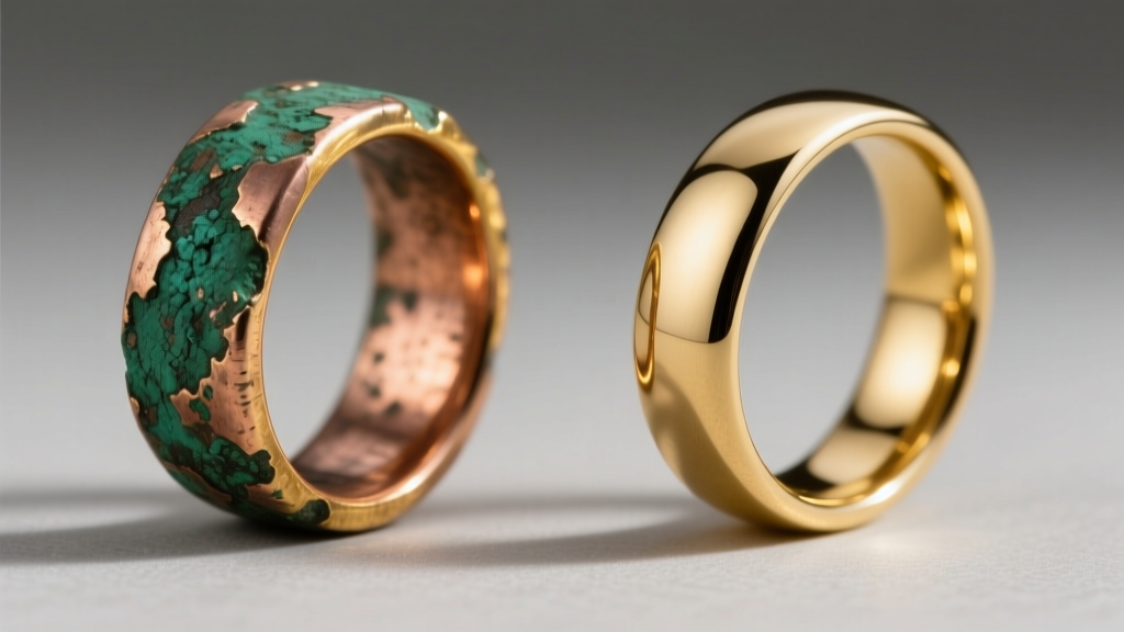 Side-by-side comparison of a heavily worn gold-plated copper ring showing green oxidation and a pristine gold-filled brass ring.