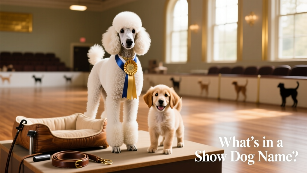 Two generations of show dogs posing together—a proud adult and its playful puppy offspring