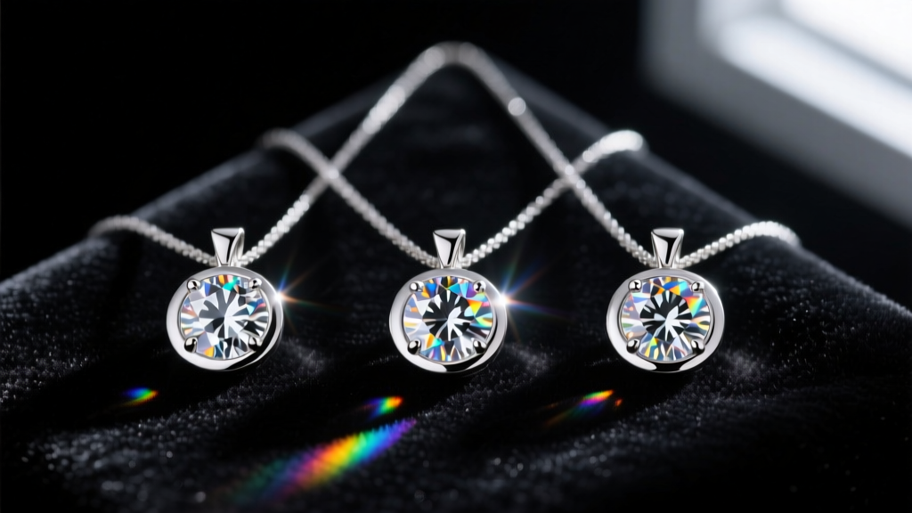 Three matched lab-grown round brilliant diamonds in bezel pendants, displaying identical fire and scintillation on dark velvet.