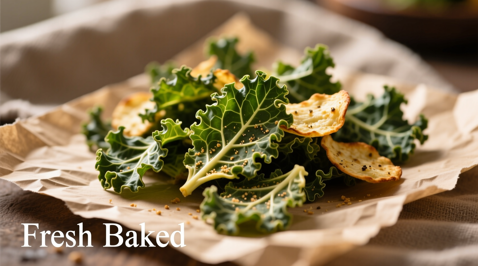 Freshly baked kale chips on parchment paper