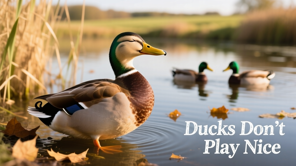 A relaxed duck tilting its head with one eye slightly closed, evoking a sly, knowing expression
