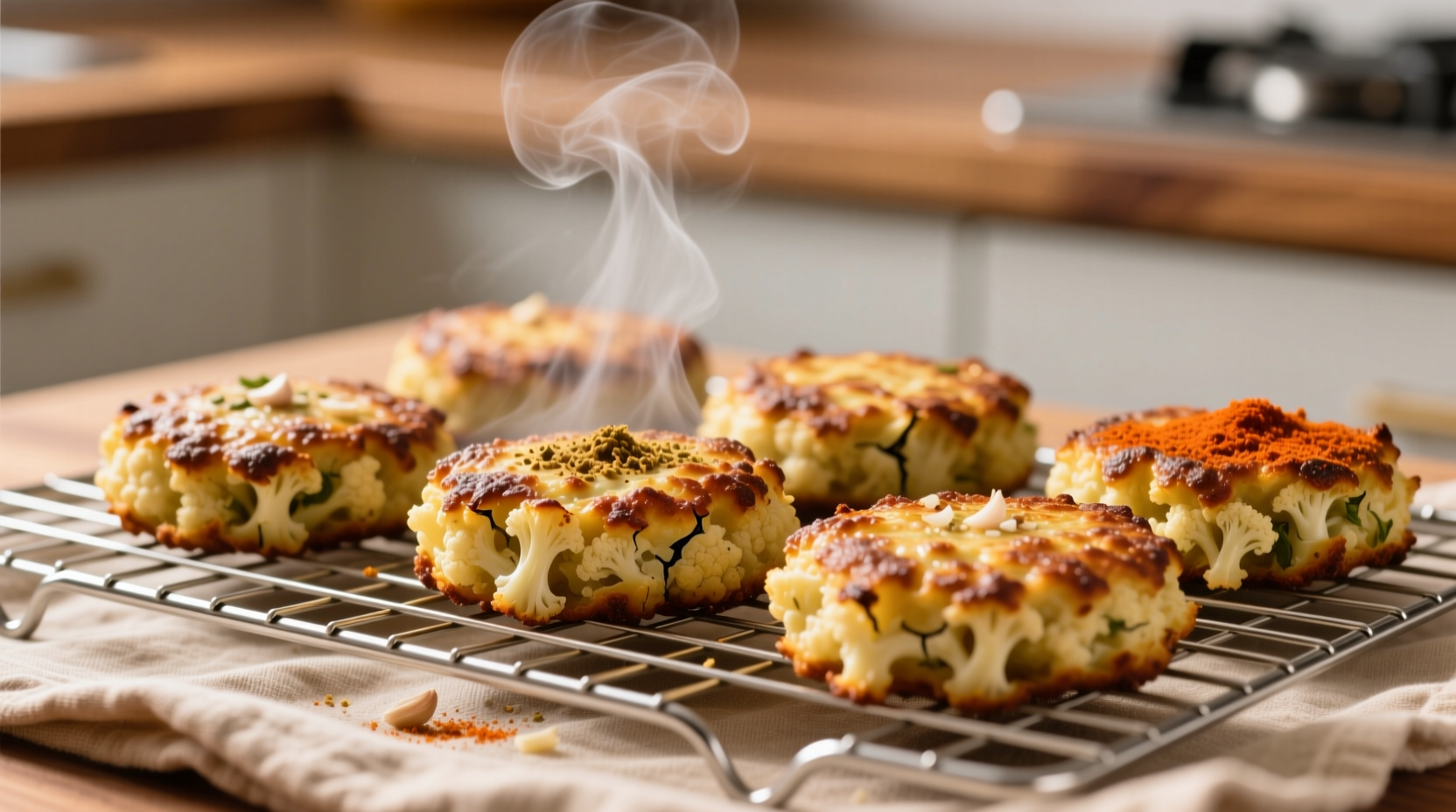 Golden brown cauliflower patties on a wire rack
