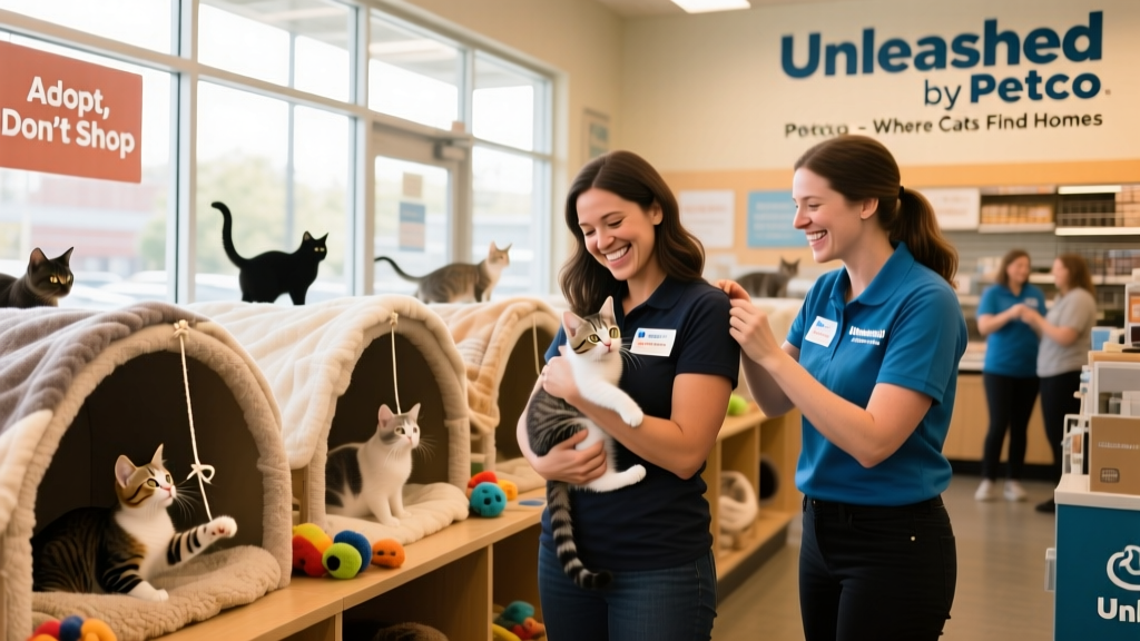 A cheerful Unleashed by Petco store hosting a cat adoption event with volunteers and adoptable cats in cozy enclosures