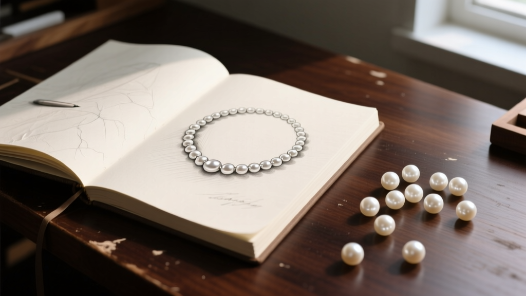 A detailed pencil drawing of a pearl necklace in a sketchbook, placed next to loose white Akoya pearls on a dark wooden workbench