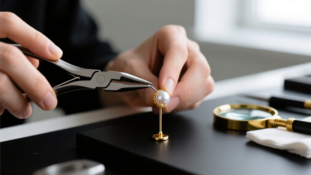 Jeweler using nylon-jaw pliers to straighten the bent 20-gauge post of a pearl stud earring under bright bench lighting