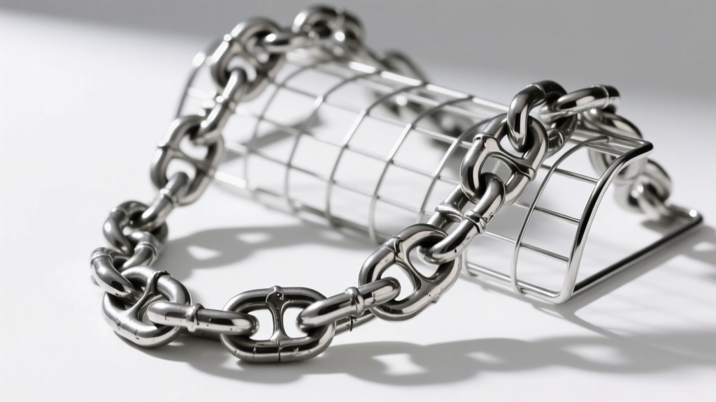 Heavy stainless steel Cuban link chain resting on a wire grid necklace stand, showing slight link distortion and metal scratching.