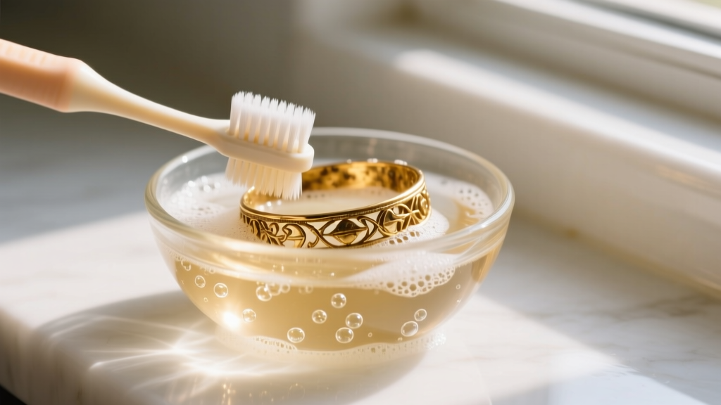 A soft baby toothbrush gently scrubbing a tarnished gold filled bracelet in a small glass bowl of warm soapy water.