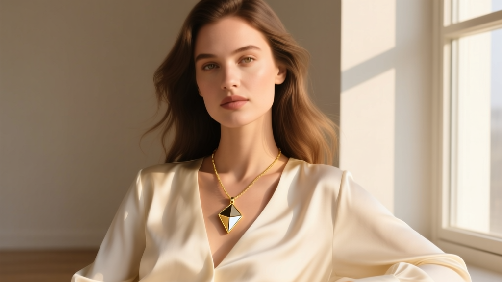 Model wearing an 18k gold vermeil Parker necklace with geometric pendant, resting on cream silk blouse in warm natural sunlight.