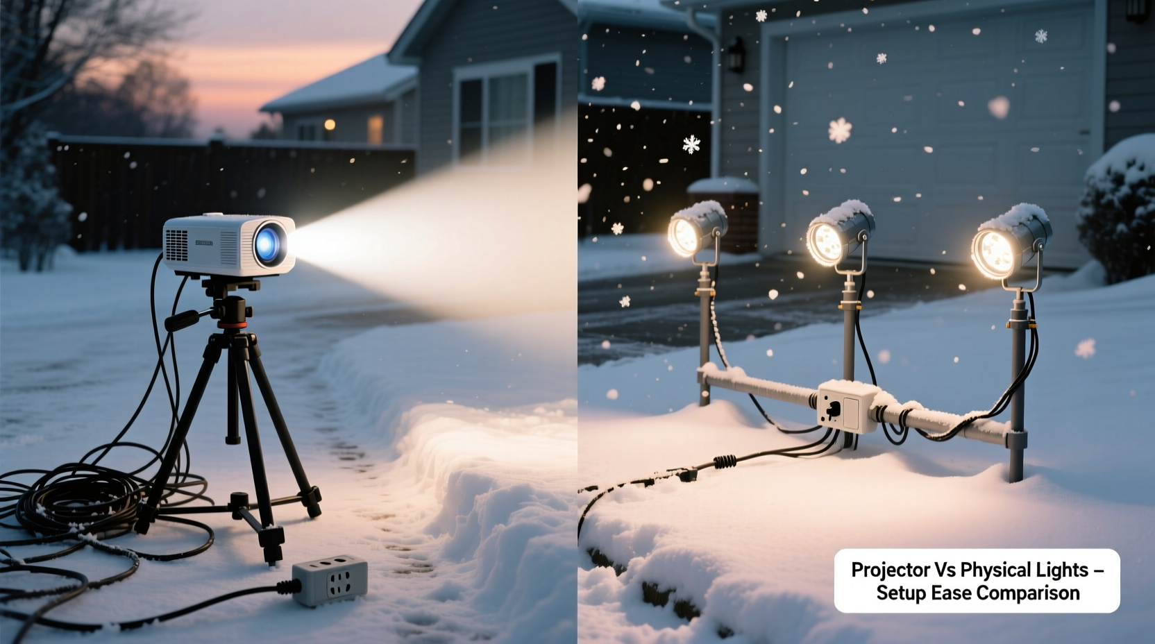 projector vs physical lights for driveway snow scenes which is easier to set up