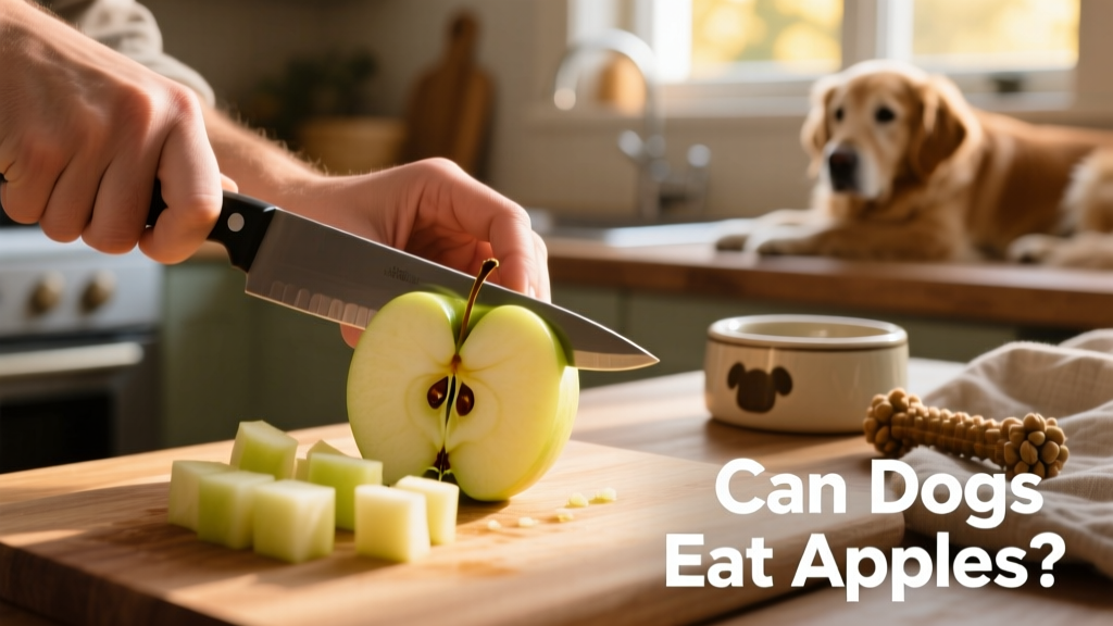 Close-up of a hand slicing a fresh apple, removing the core and seeds before dicing