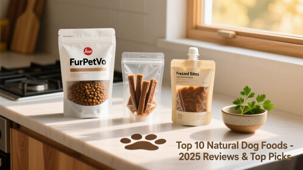 Side-by-side comparison of FurPetVo kibble, freeze-dried bites, and wet food pouches on a clean kitchen counter