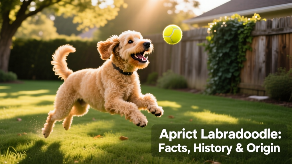 An adult Apricot Labradoodle playing fetch in a sunlit backyard with a tennis ball