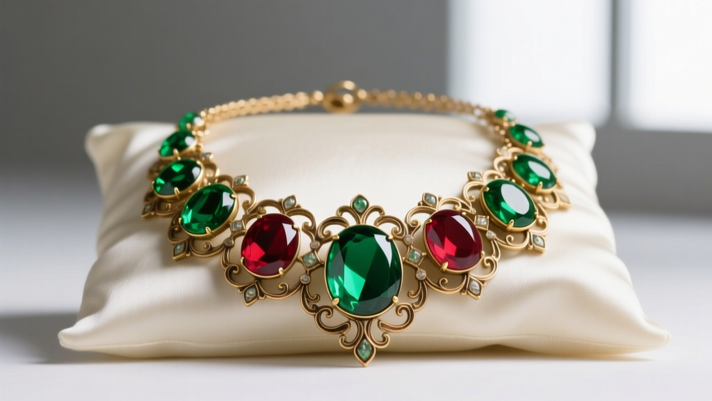Vibrant poured glass Gripoix cabochons in emerald green and ruby red set in ornate gold-tone metal for a vintage necklace