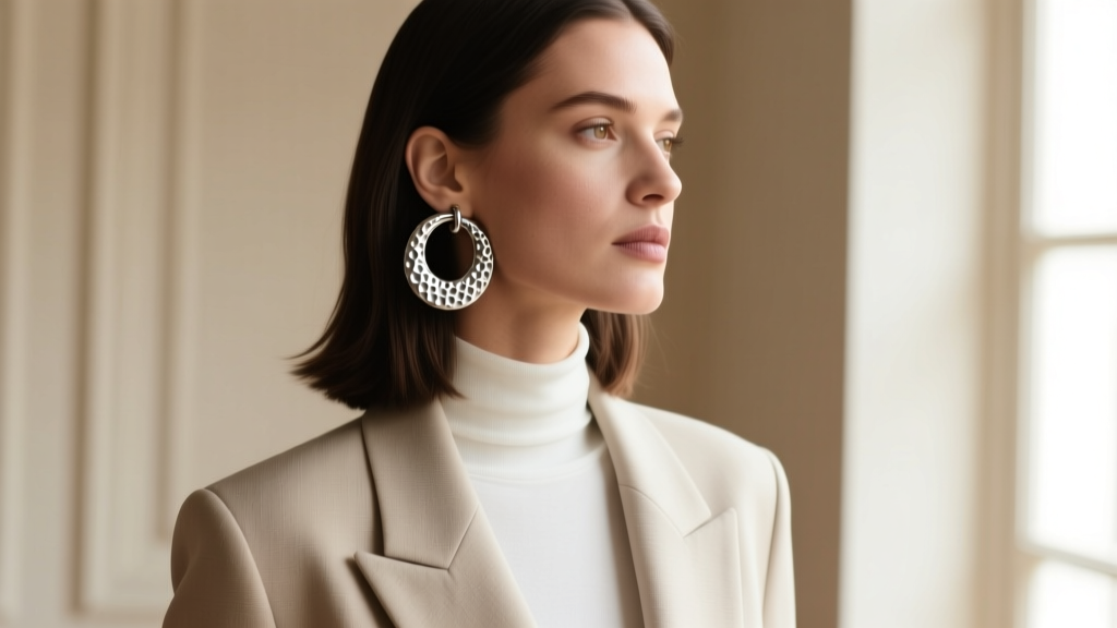 Woman wearing medium oxidized sterling silver hammered hoops, showing the dimpled finish against a neutral blazer in natural light