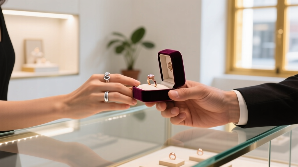Hands exchanging a velvet box with a vintage 14k rose gold engagement ring for cash across a clean glass retail counter.