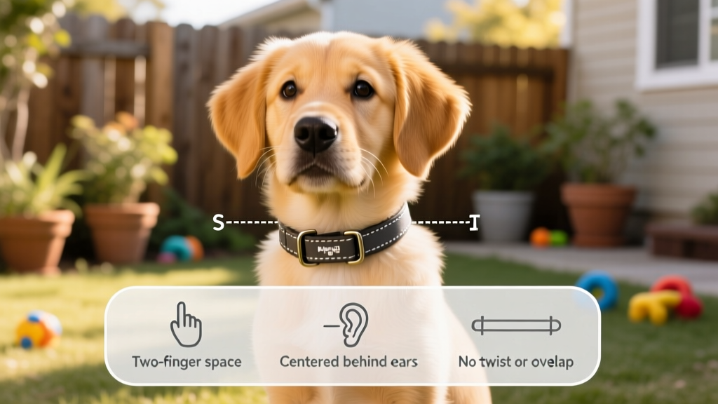 Infographic showing proper collar fit: two-finger space, centered placement behind ears, no twisting or overlapping straps