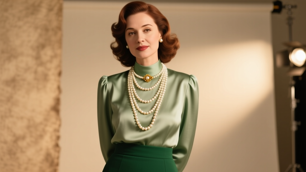 Elegant woman wearing a multi-strand real vintage pearl necklace with a gold clasp, soft studio lighting, 1950s aesthetic style.