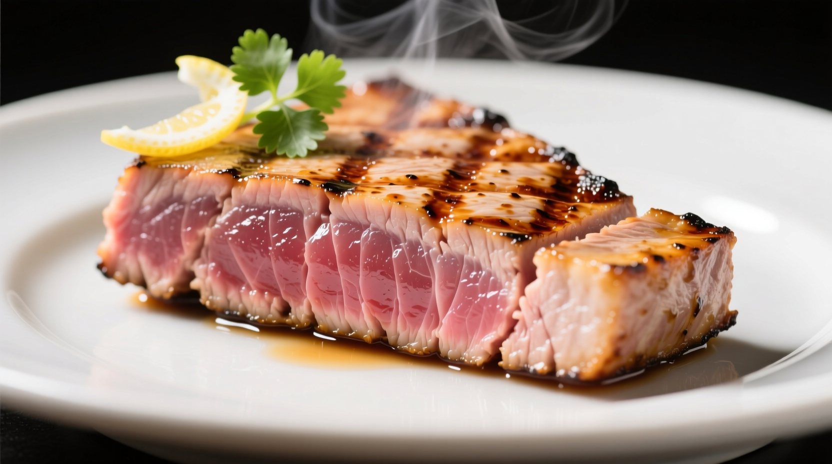 Perfectly seared tuna steak with golden crust and rare center