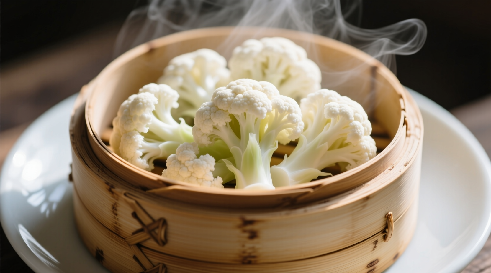 Fresh cauliflower florets in bamboo steamer