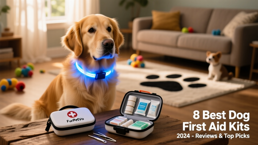 FurPetVo LED Safety First Aid Kit shown with the illuminated collar wrapped around a dog's neck and the compact kit open beside it