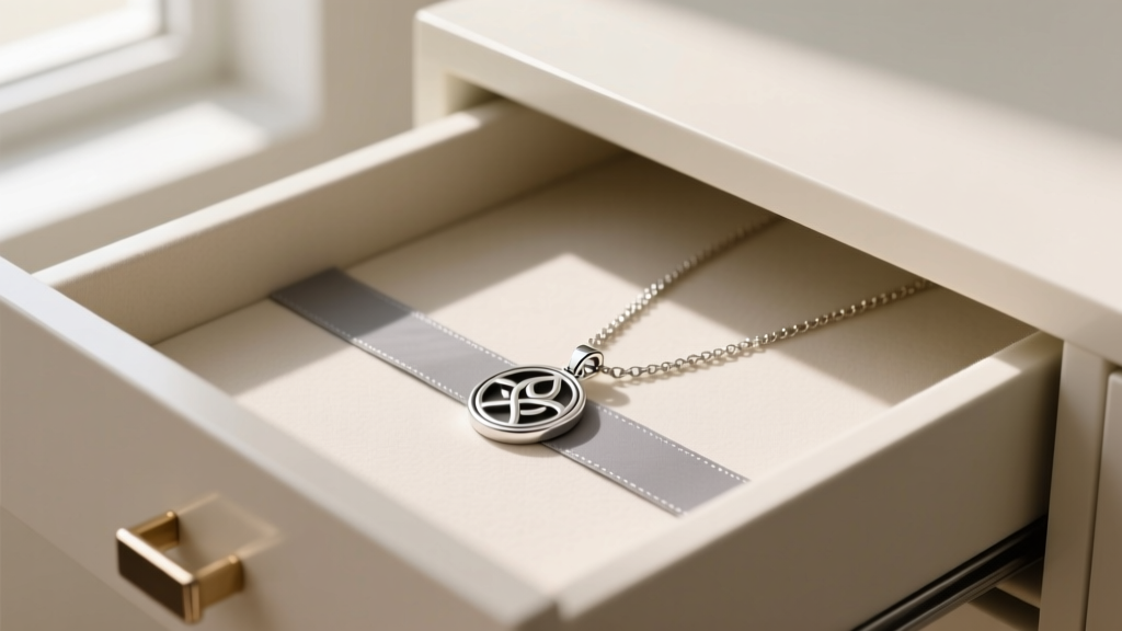 A neatly organized jewelry drawer showing a Sam pendant laid flat with an anti-tarnish strip and the chain secured by a clasp.
