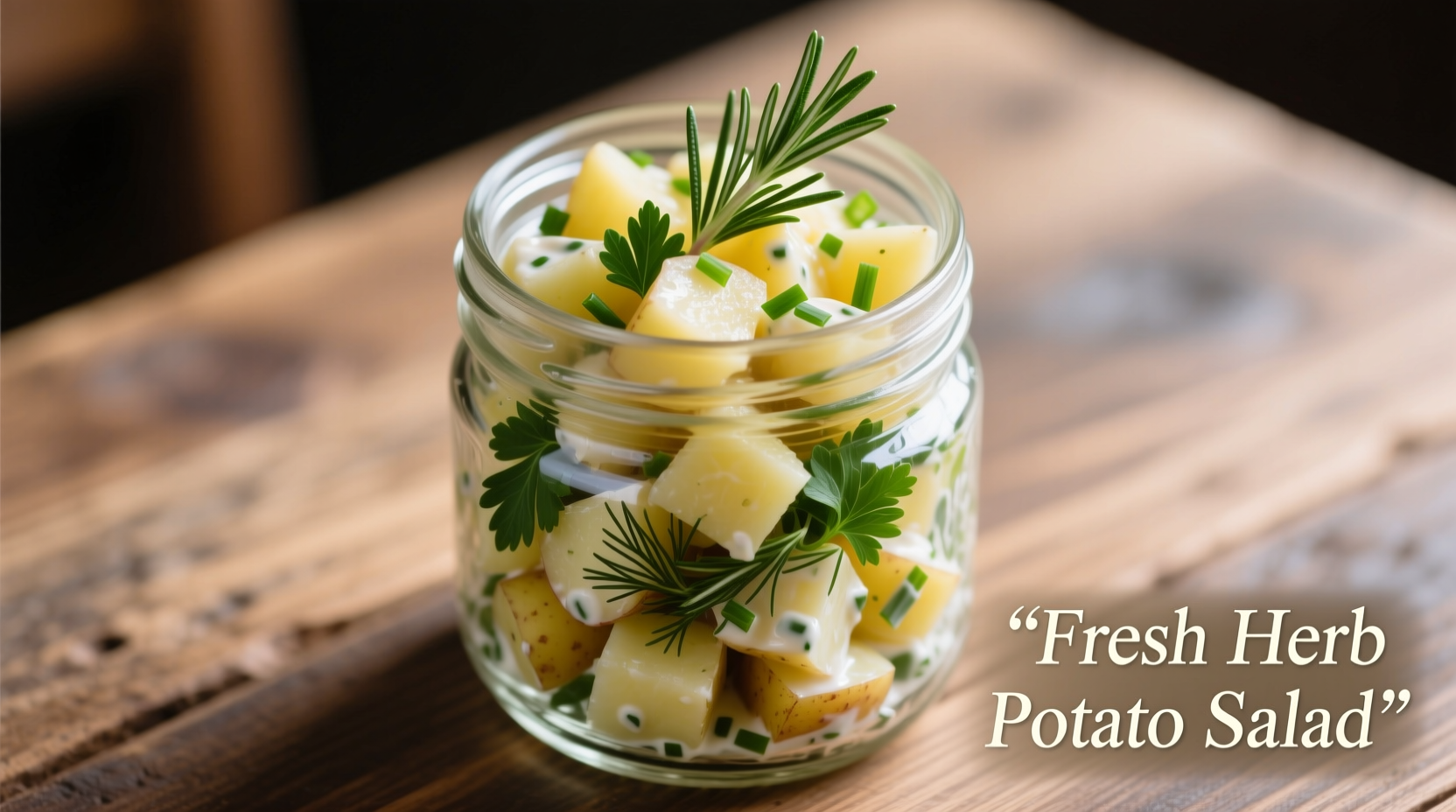 Potato salad in glass container with fresh herbs