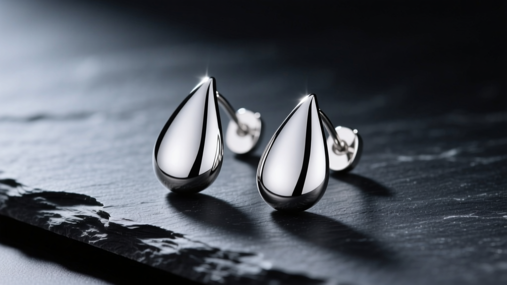 Macro photography of polished rhodium-plated sterling silver teardrop earrings resting on dark slate under bright studio lighting