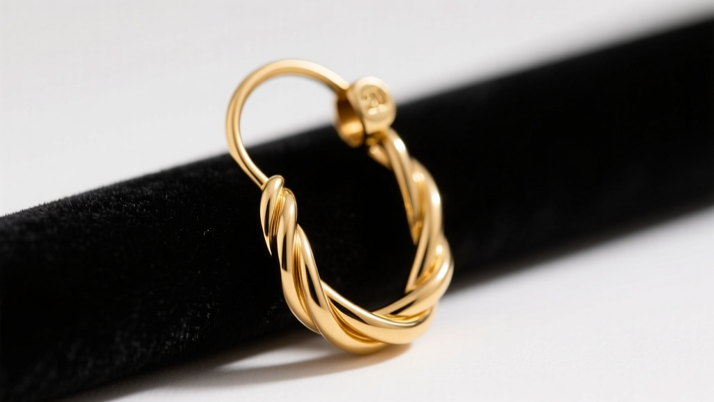 Close-up of a 20-gauge 14k gold French hook earring on dark velvet under soft studio light, highlighting the curved wire.
