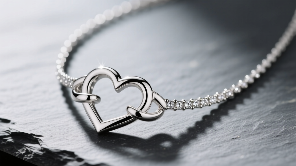 Close-up of a sterling silver Jane Seymour Open Heart necklace on slate, showing the interlocking motif and small diamond accents