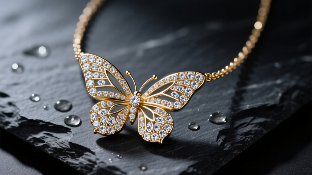 Close-up macro photography of a 14k white gold butterfly diamond necklace resting on dark slate, highlighting micro-pave wings.