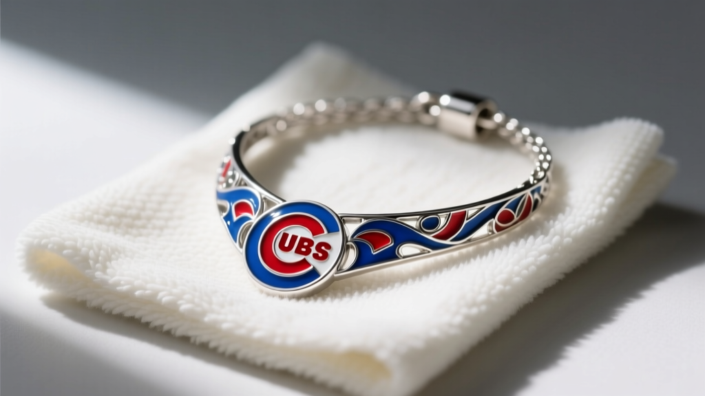 Close-up of a silver Chicago Cubs necklace with blue and red enamel accents resting on a soft microfiber cleaning cloth.