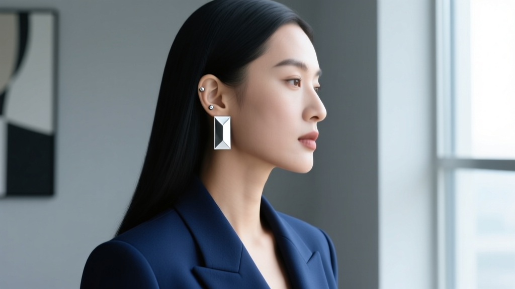Side profile of a woman in a blazer styling geometric silver rectangular ear cuffs and small studs for a modern professional look.