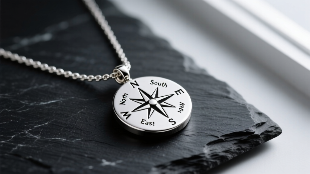 925 sterling silver compass necklace resting on dark slate, highlighting cardinal direction engravings in soft light.