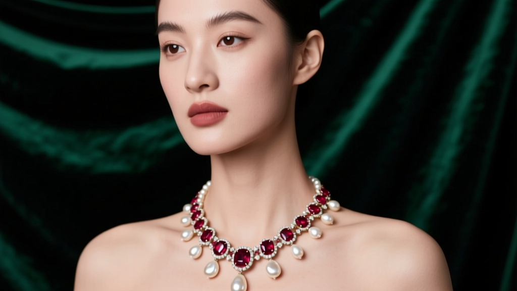 Close-up of a model wearing a ruby and baroque pearl necklace against dark emerald velvet in soft studio lighting.