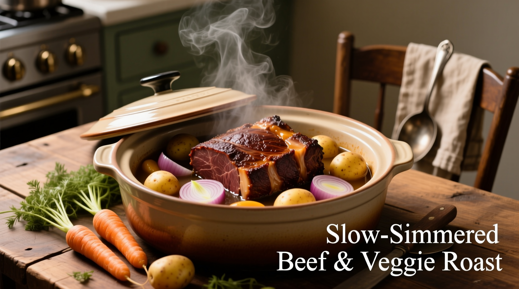 2 lb beef roast cooking in crock pot with vegetables
