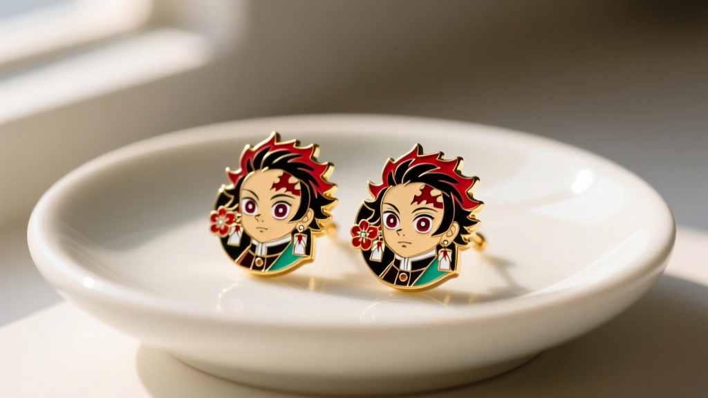 Enamel Demon Slayer Tanjiro Hanafuda earrings resting on a minimalist ceramic dish, illuminated by soft, warm natural window light.