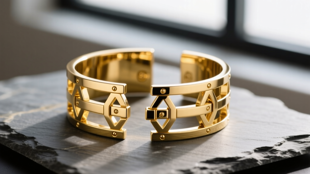 18k yellow gold architectural cuff bracelet on slate, highlighting invisible solder joints at the structural metal hinges