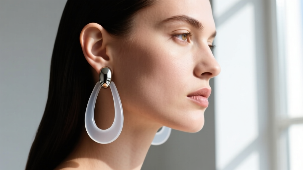 Model wearing heavy Lemaire drop earrings, showing lobe tension and a clear silicone support backing in soft, natural daylight