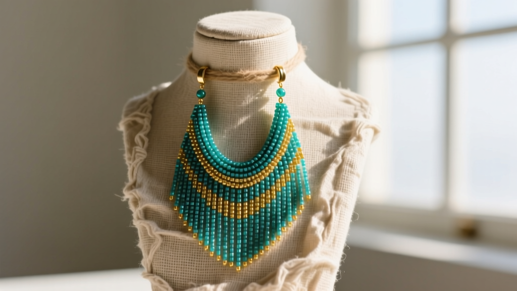 Teal and gold Miyuki seed bead fringe earrings dangling from a textured linen jewelry display bust in natural sunlight