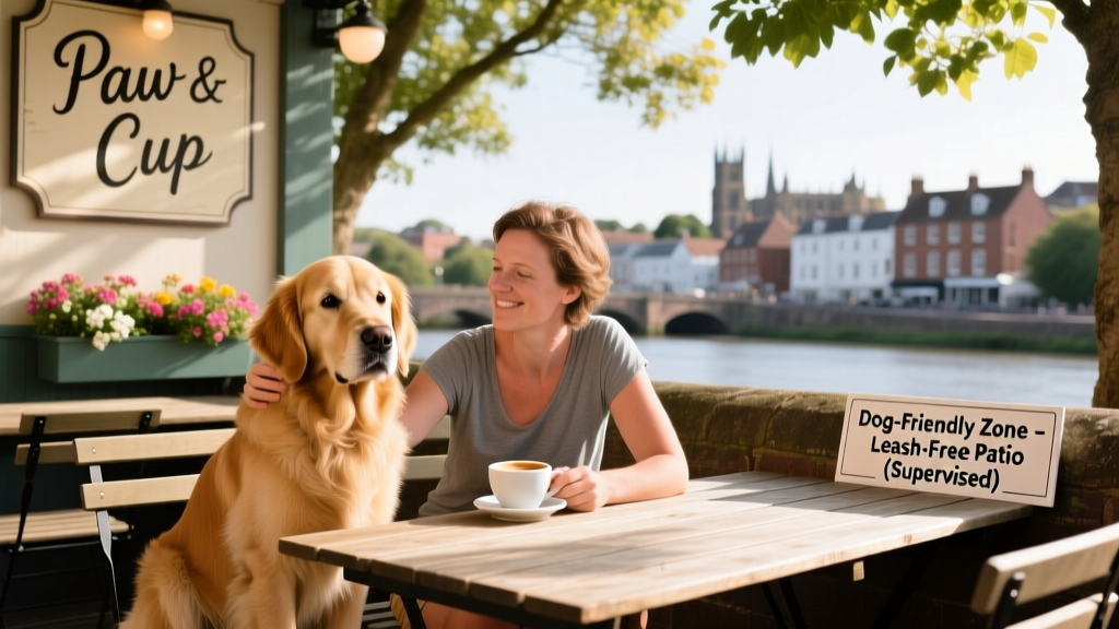 A dog sitting comfortably beside their owner at an outdoor table at a dog-friendly café in Exeter